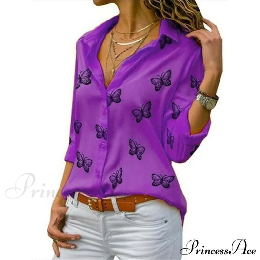 Women's Butterfly Long Sleeve Print Shirt Collar Basic Tops Purple __stock:200 clothes refund_fee:800 tops