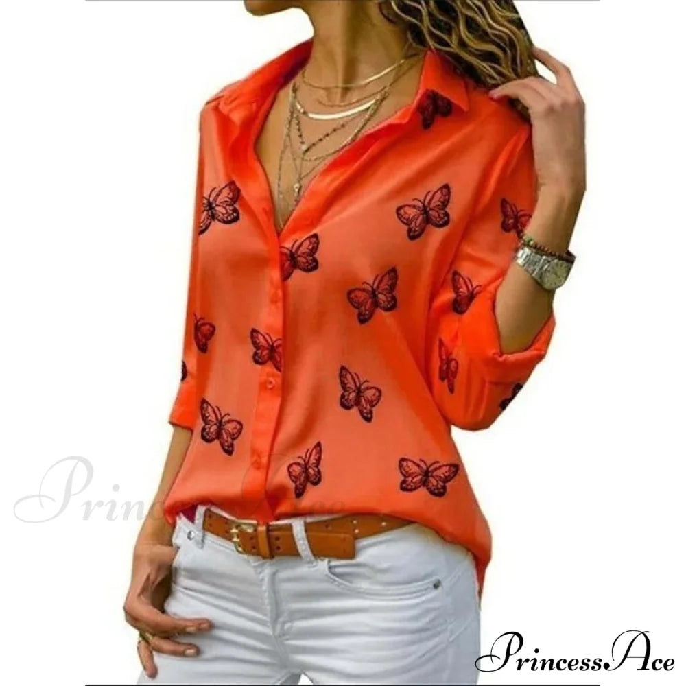 Women's Butterfly Long Sleeve Print Shirt Collar Basic Tops Red __stock:200 clothes refund_fee:800 tops