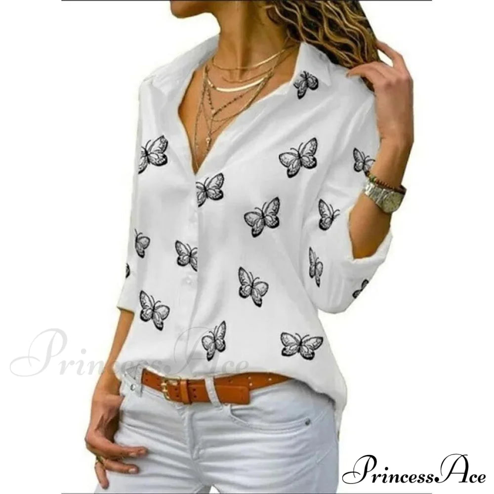 Women's Butterfly Long Sleeve Print Shirt Collar Basic Tops White __stock:200 clothes refund_fee:800 tops