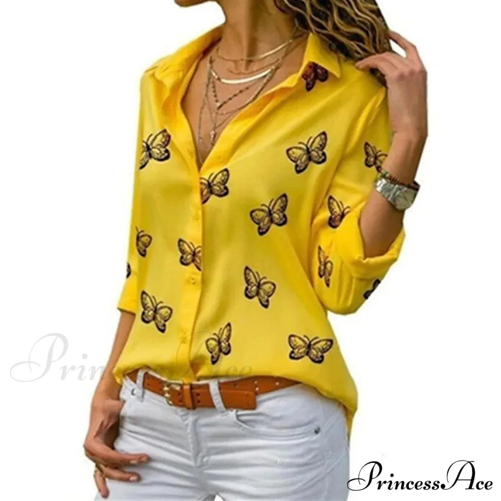 Women's Butterfly Long Sleeve Print Shirt Collar Basic Tops Yellow __stock:200 clothes refund_fee:800 tops