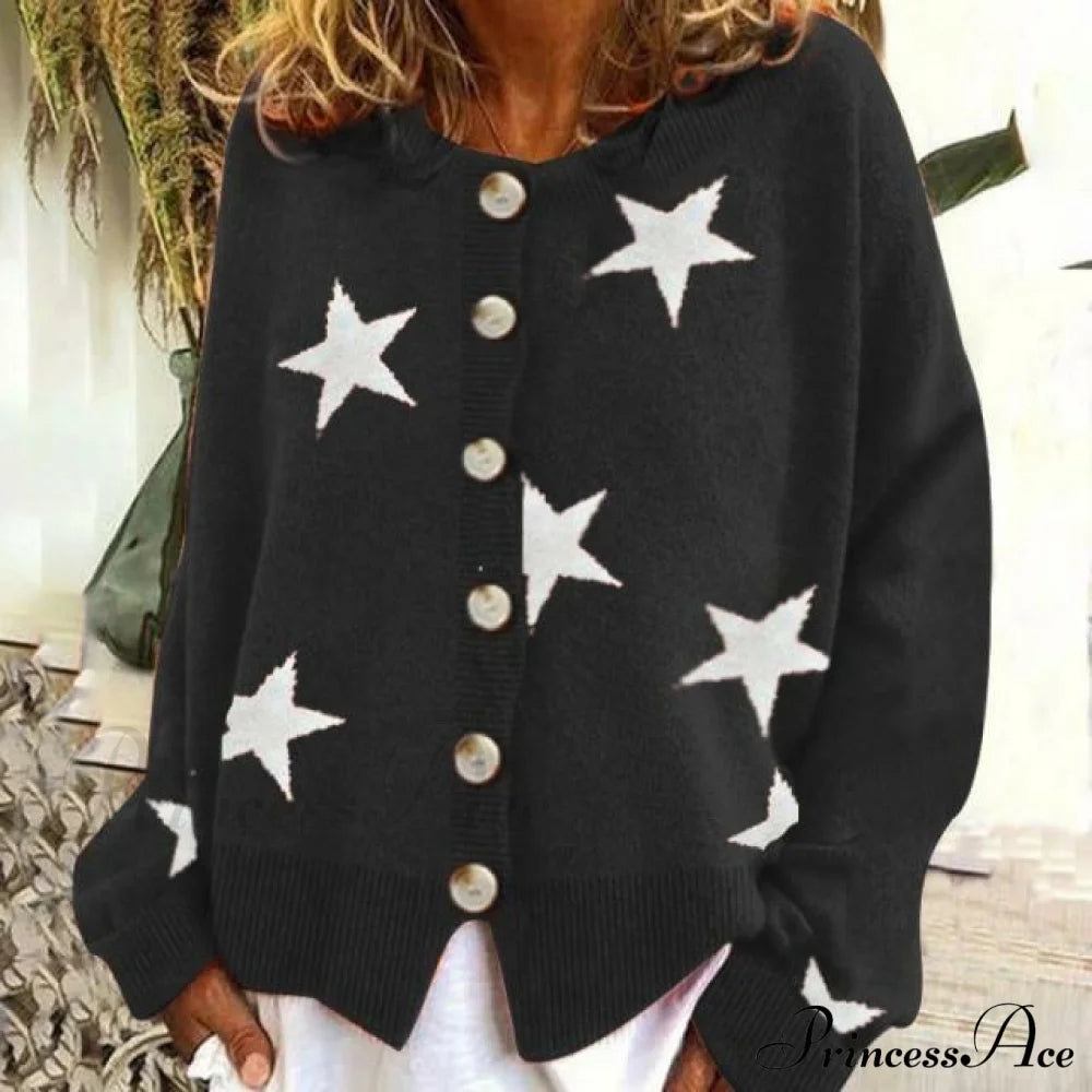 Fashion Star Print Cardigan Black Best Sellings cardigan cardigans clothes Plus Size Sale tops Topseller