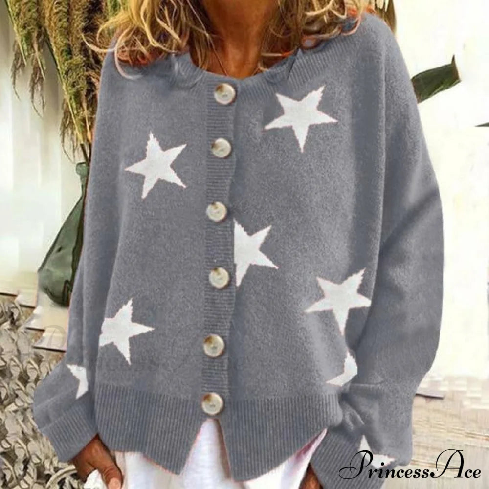 Fashion Star Print Cardigan Gray Best Sellings cardigan cardigans clothes Plus Size Sale tops Topseller