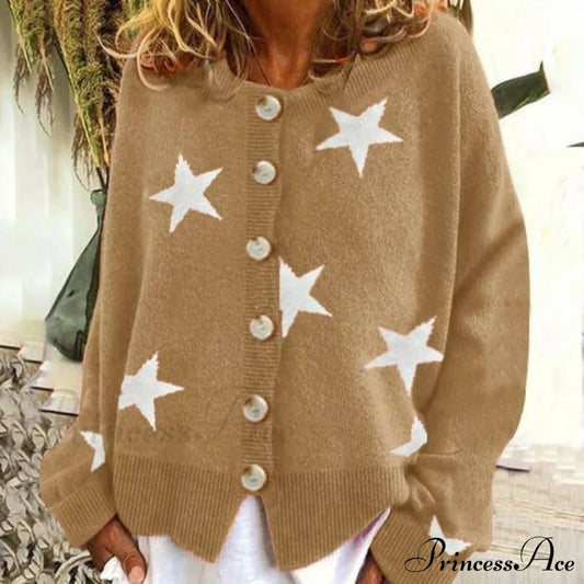 Fashion Star Print Cardigan Khaki Best Sellings cardigan cardigans clothes Plus Size Sale tops Topseller