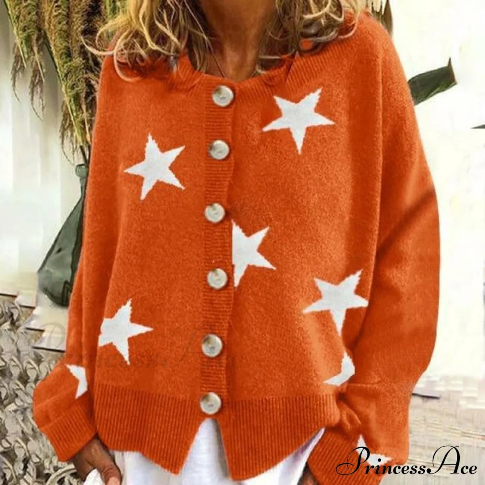 Fashion Star Print Cardigan Orange Best Sellings cardigan cardigans clothes Plus Size Sale tops Topseller