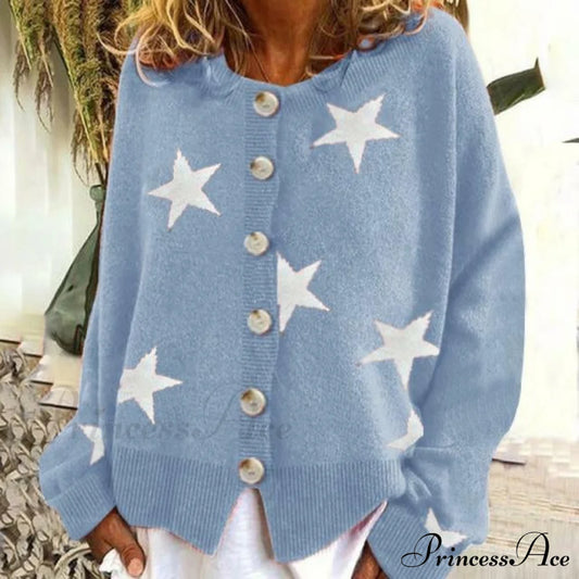 Fashion Star Print Cardigan Sky Blue Best Sellings cardigan cardigans clothes Plus Size Sale tops Topseller