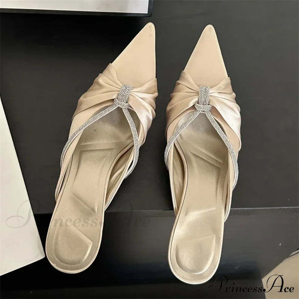 Design Style Crystal Pointed Fashion Thin Heels Shallow Casual Dress Low Heel Pump Apricot / 35