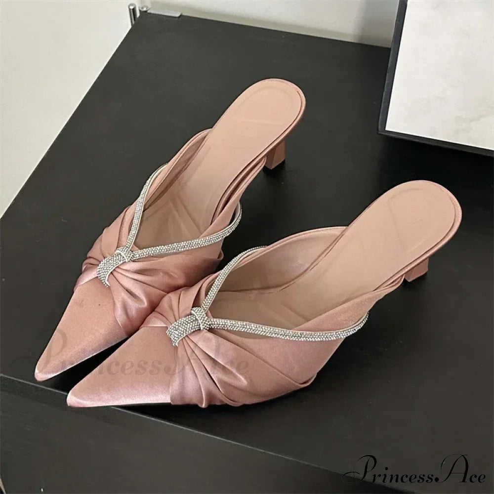 Design Style Crystal Pointed Fashion Thin Heels Shallow Casual Dress Low Heel Pump Pink / 35