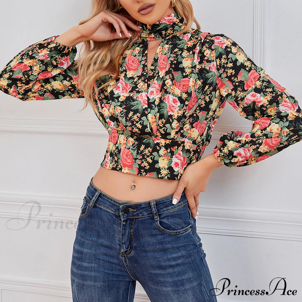 Design Waist Flowered Smocked Blouse