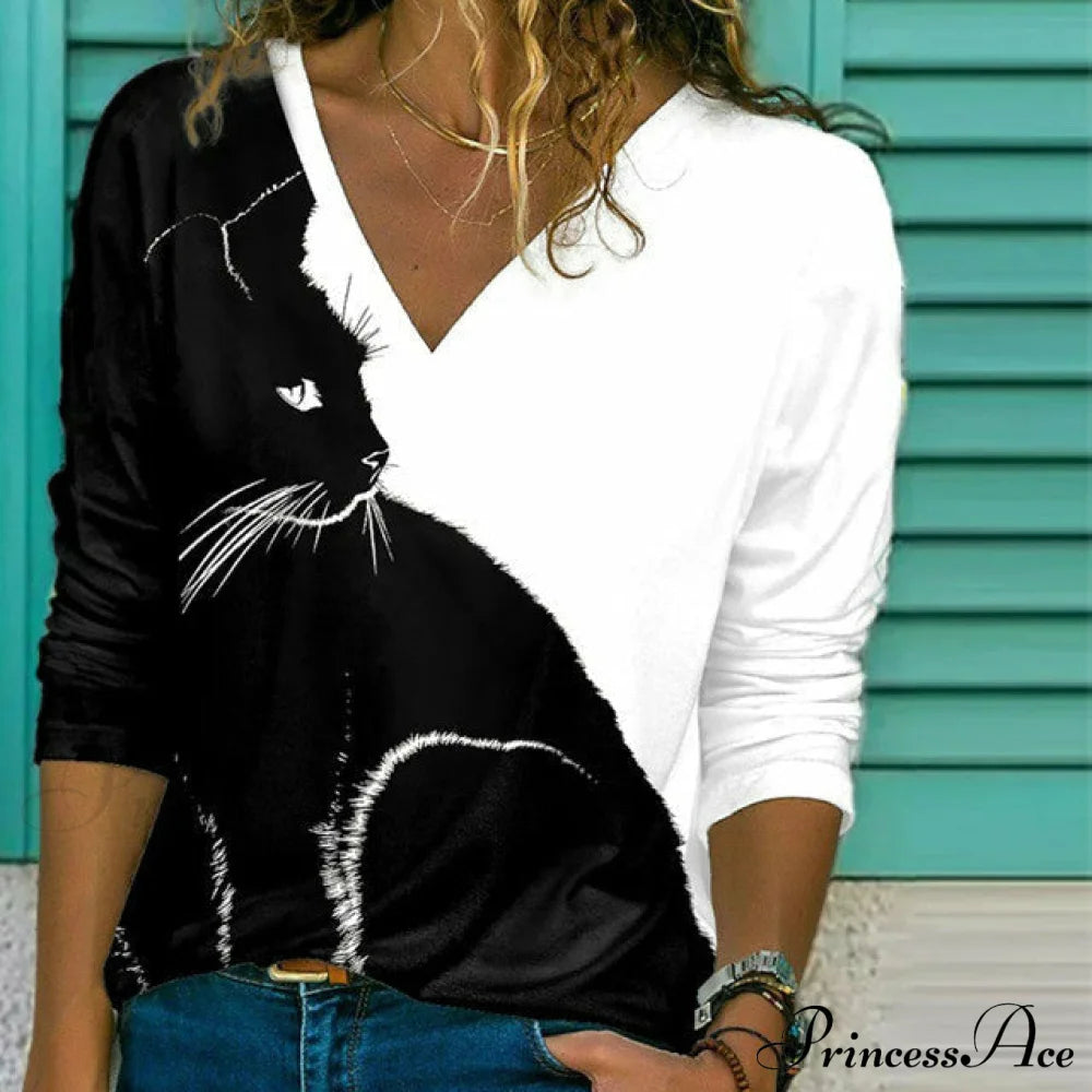 Design With Cat Contrast T-Shirt Colors Blouses