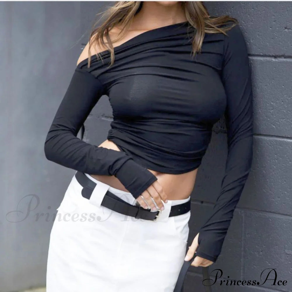 Women's niche design outer wear long-sleeved tops, off the shoulder long sleeve shirt Black clothes crop top long sleeve top shirt shirts thumb shirt top tops