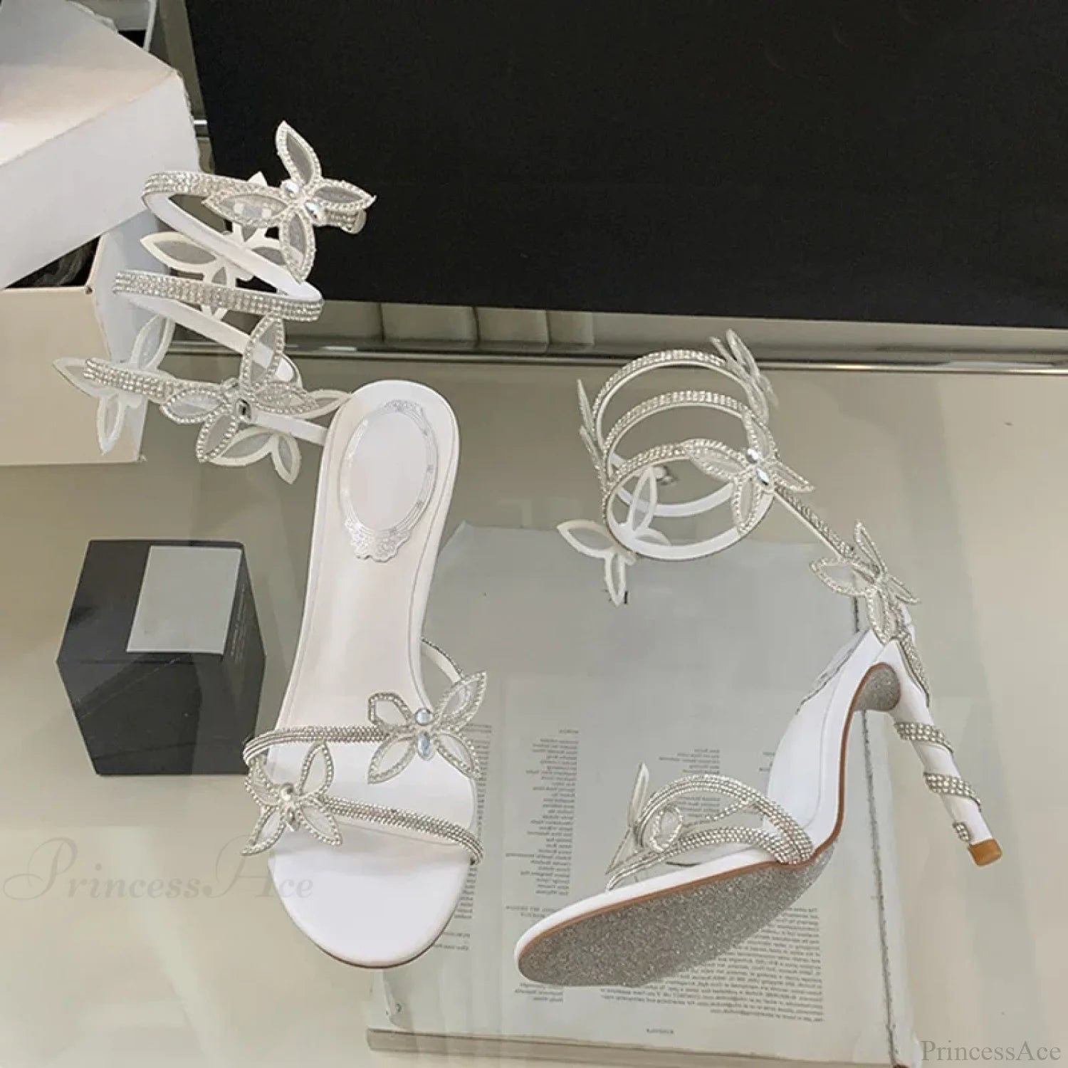 Designer Green Gladiator Rhinestone Butterfly Ankle Snake Twine Party High Heel White / 35