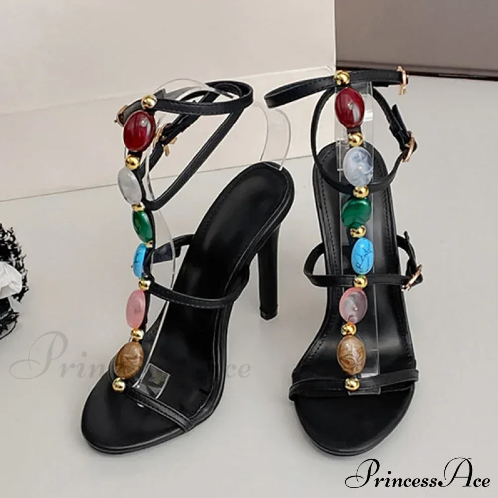 Designer High-Heels Women Sexy 11.5Cm Stiletto Sandals Bohemian Colour Gem-Strap Open-Toe Wedding