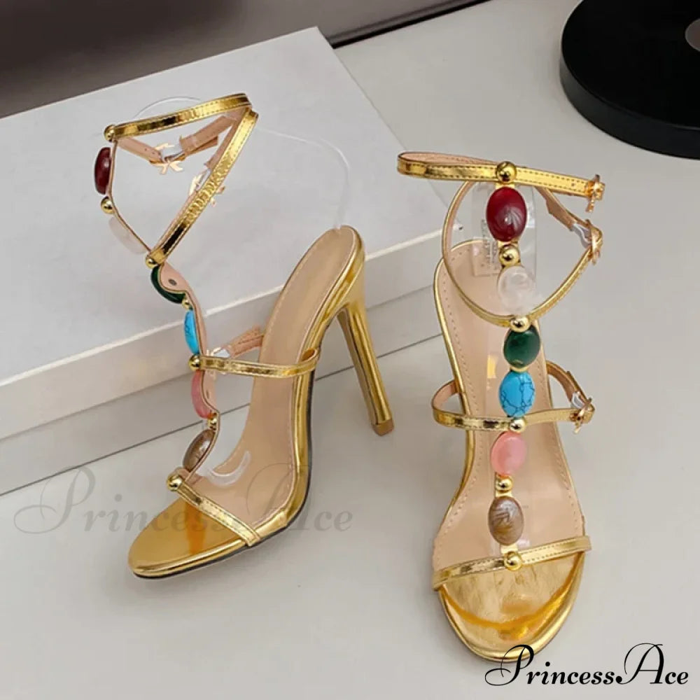 Designer High-Heels Women Sexy 11.5Cm Stiletto Sandals Bohemian Colour Gem-Strap Open-Toe Wedding