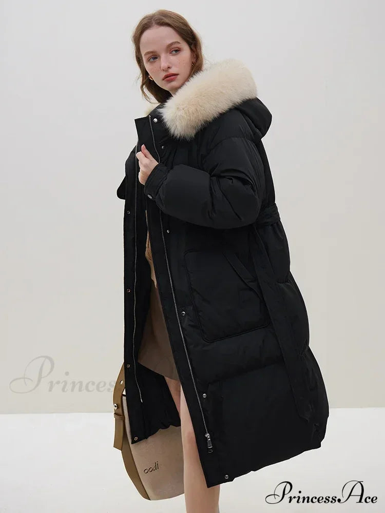 Detachable Fox Fur Collar Windbreaker Down Winter Warm Stylish Elegant Cozy Coat Black / Xxs Coats-L