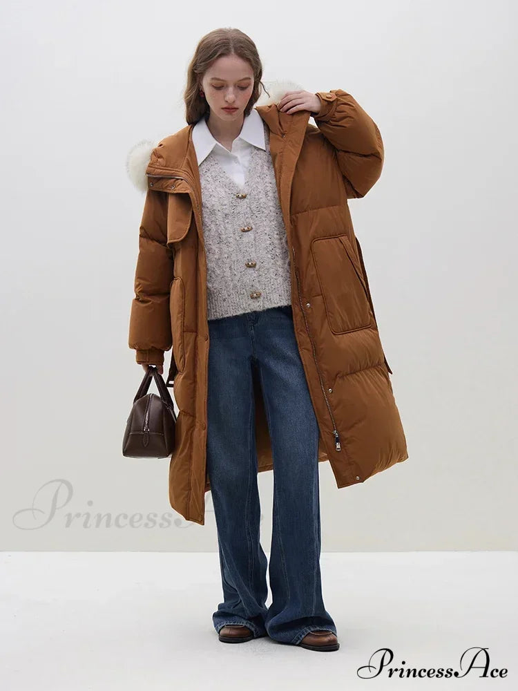 Detachable Fox Fur Collar Windbreaker Down Winter Warm Stylish Elegant Cozy Coat Deep Orange / Xxs