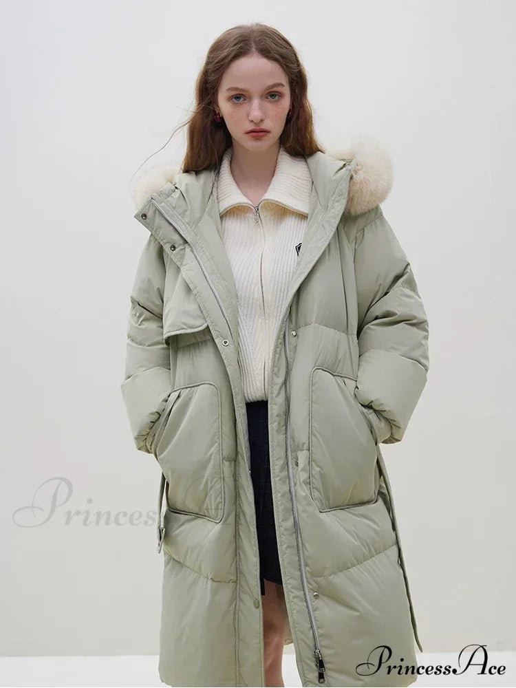 Detachable Fox Fur Collar Windbreaker Down Winter Warm Stylish Elegant Cozy Coat Light Green / Xxs