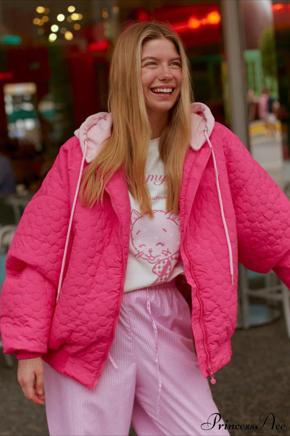 Detachable Hood Color-Block Paneled Padded Hoodie Pink / S