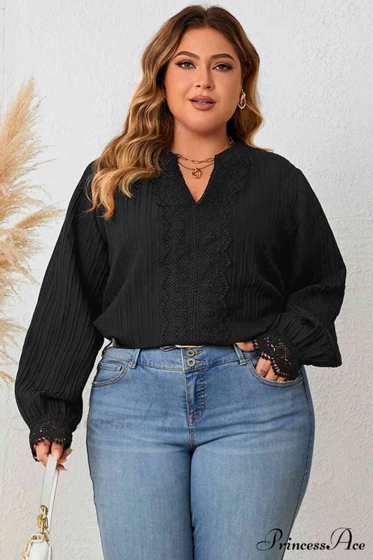 Plus Size Notched Neck Lace Detail Blouse Black black shirt black top clothes HS long sleeve shirt long sleeve shirts long sleeve top Ship From Overseas shirt shirts top tops