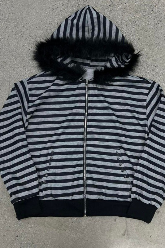 Striped Faux-Fur Hood Zip-Up Hoodie