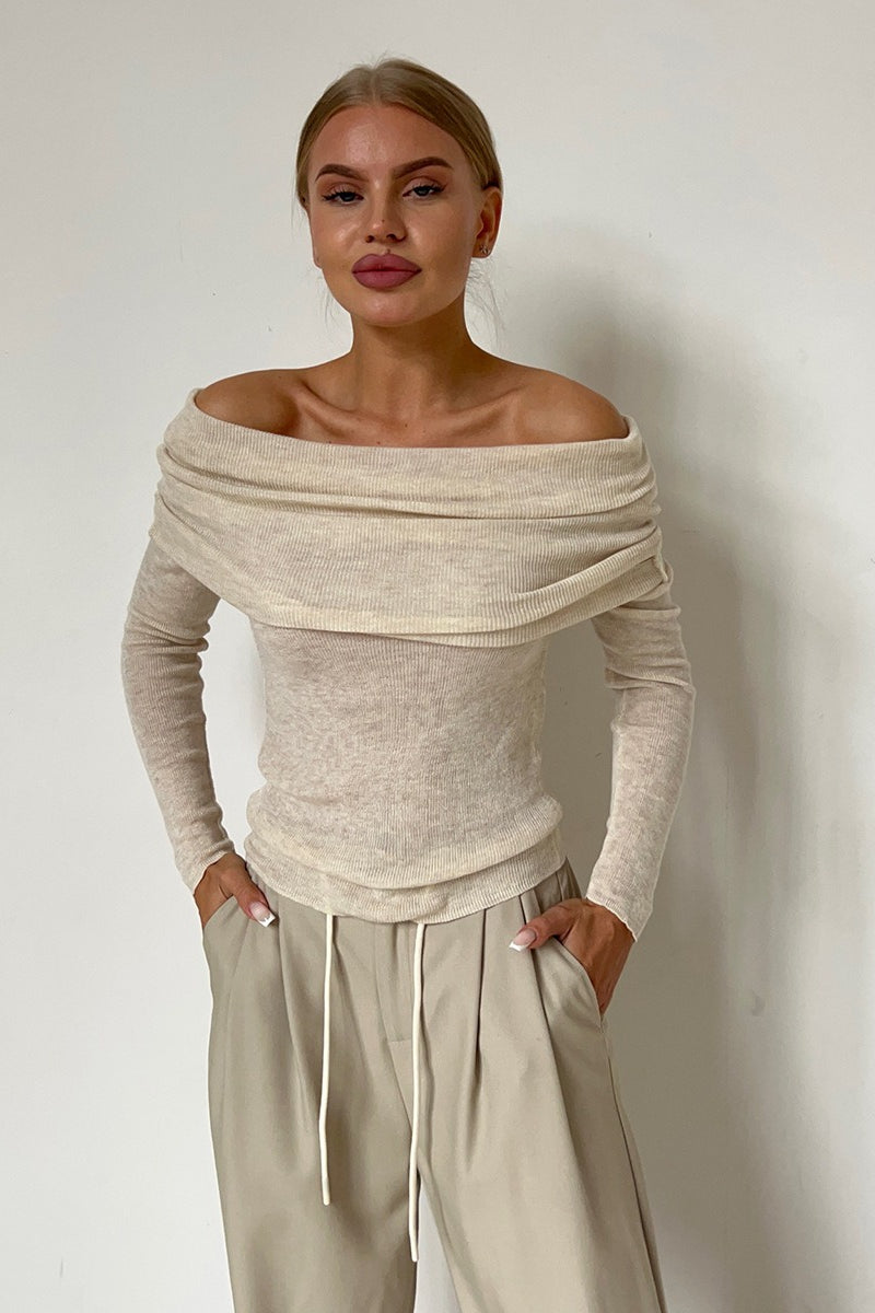 Sheer Off-Shoulder Fitted Solid Pullover Knit Top Oatmeal / S