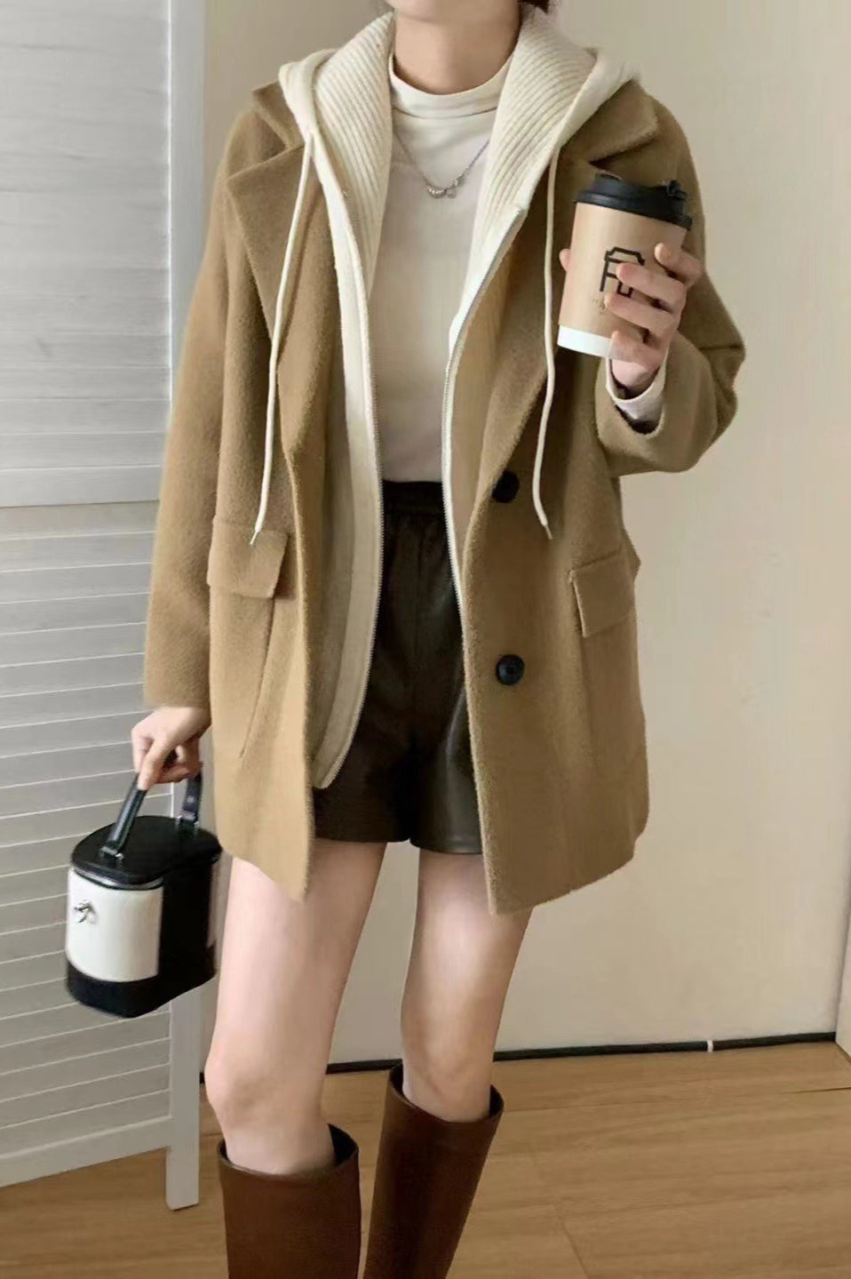 Layered-Look Wool Blend Loose Slim-Fit Knit Cardigan Coat