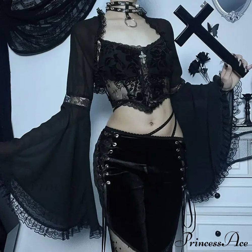 Diablo Lace Cover Up Kam Shoulder Halloween Half Sleeve Gothic Hollowing Out Cardigan