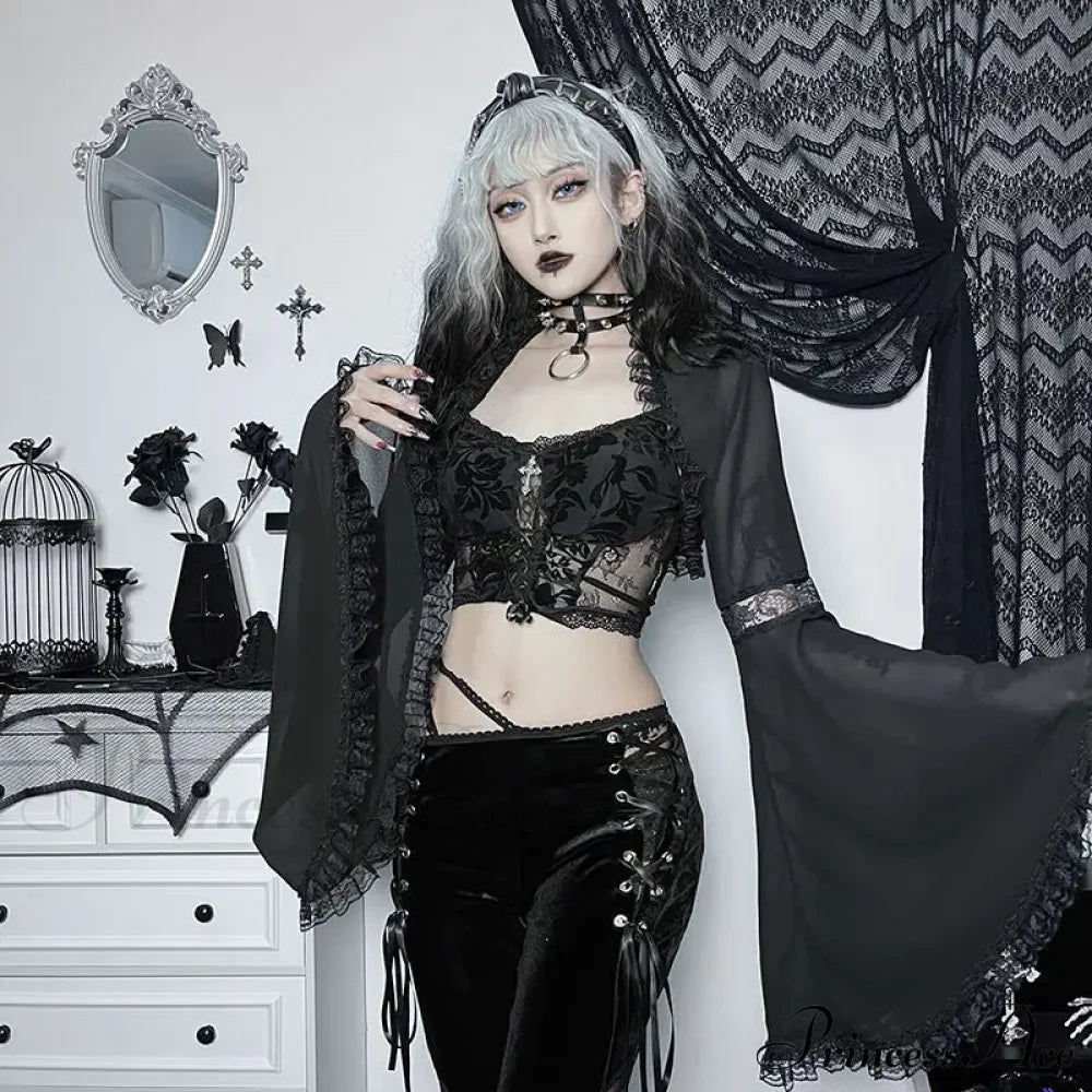 Diablo Lace Cover Up Kam Shoulder Halloween Half Sleeve Gothic Hollowing Out Cardigan