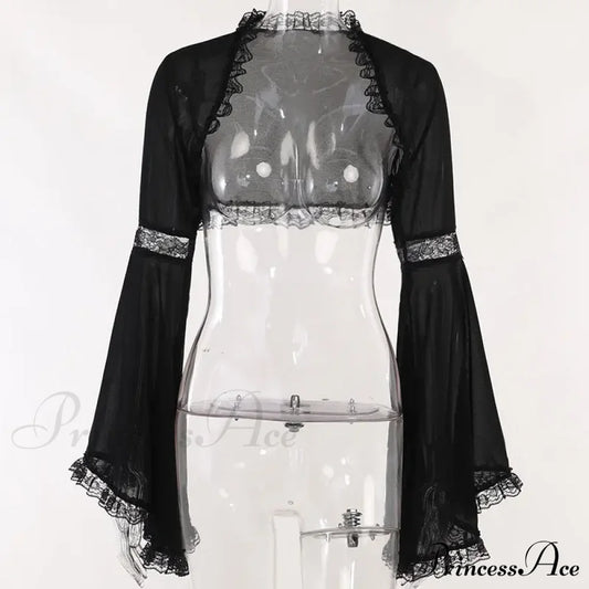 Diablo Lace Cover Up Kam Shoulder Halloween Half Sleeve Gothic Hollowing Out Cardigan Black / S