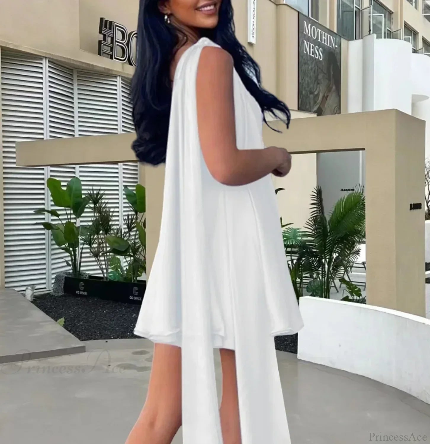 Diagonal Shoulder Mesh Mini Dress minidress-250223