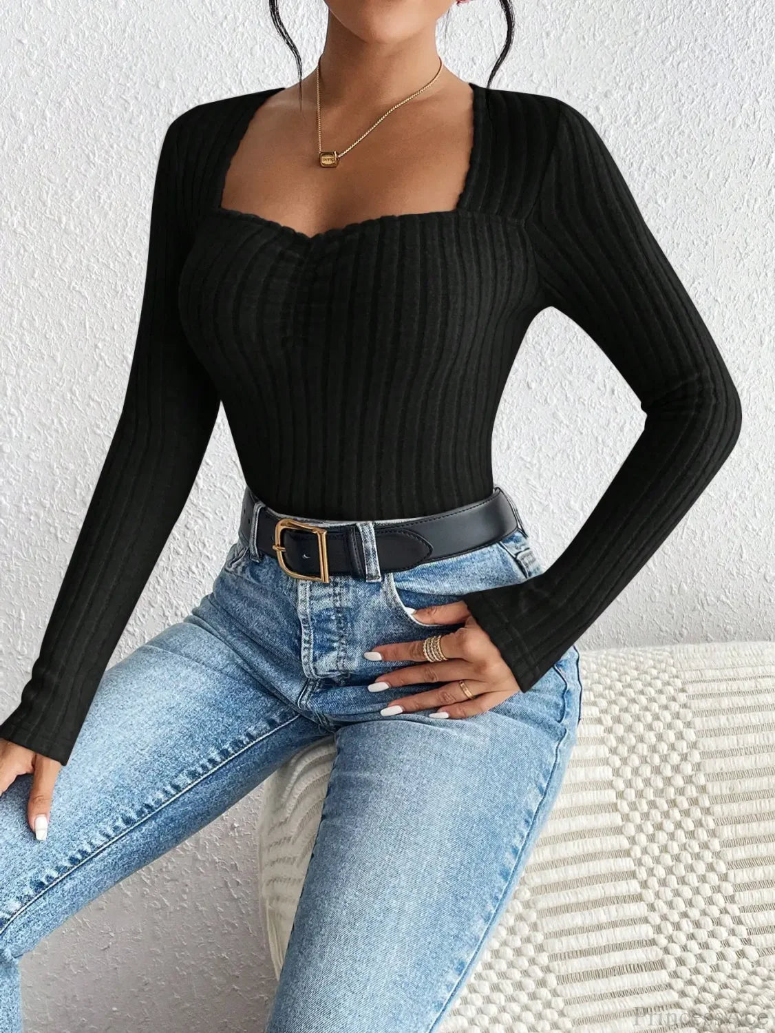 Diamond Collar Casual Knitted Long Sleeve T-shirt Women knittop-250126