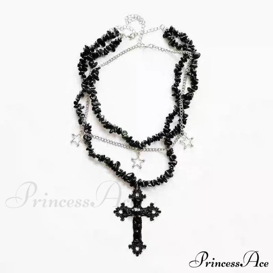 Diamond Cross Star Double Layer Hip-Hop Dark Necklace Black Halloween