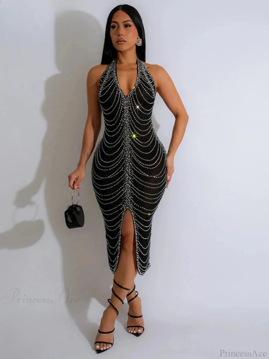 Diamond Halter Midi Party Dress Black Dress / S Partydress-241208