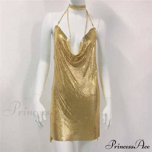 Diamond Halter Sequin Party Dress Gold / S Partydress-241208