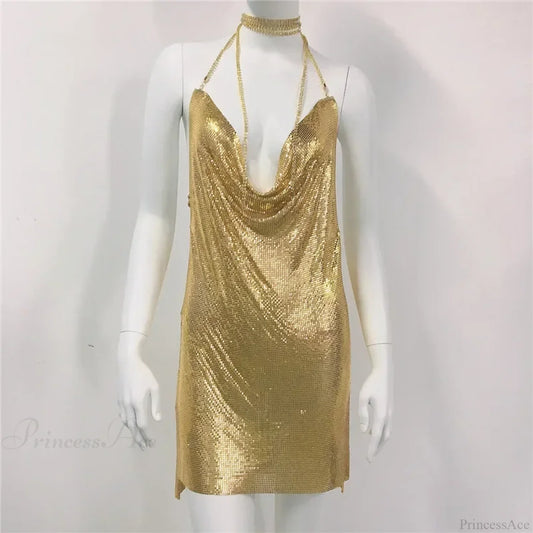 Diamond Halter Sequin Party Dress Gold / S Partydress-241208