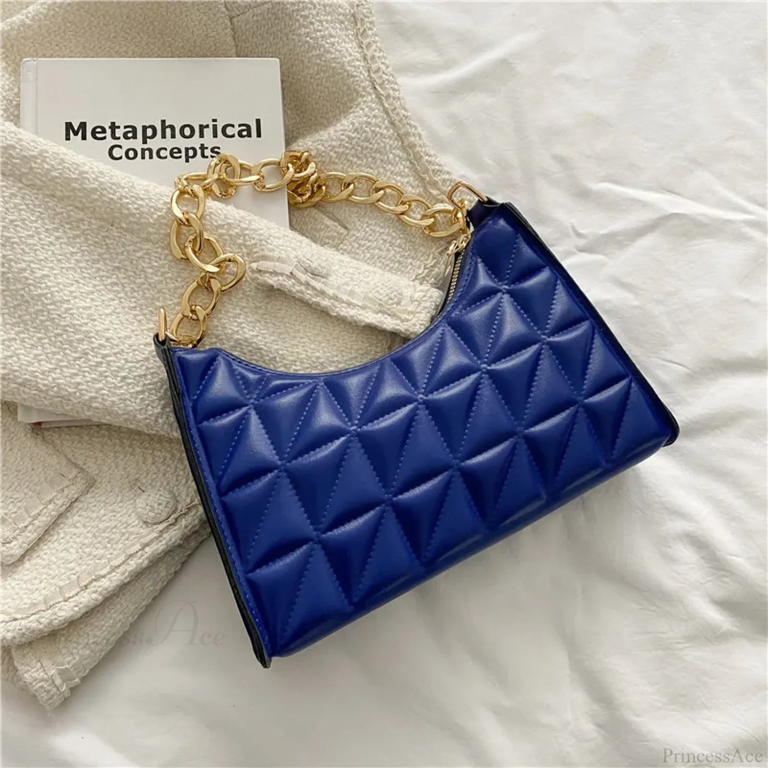 Diamond Pattern PU Leather Chain Shoulder Handbag Blue handbag-250126