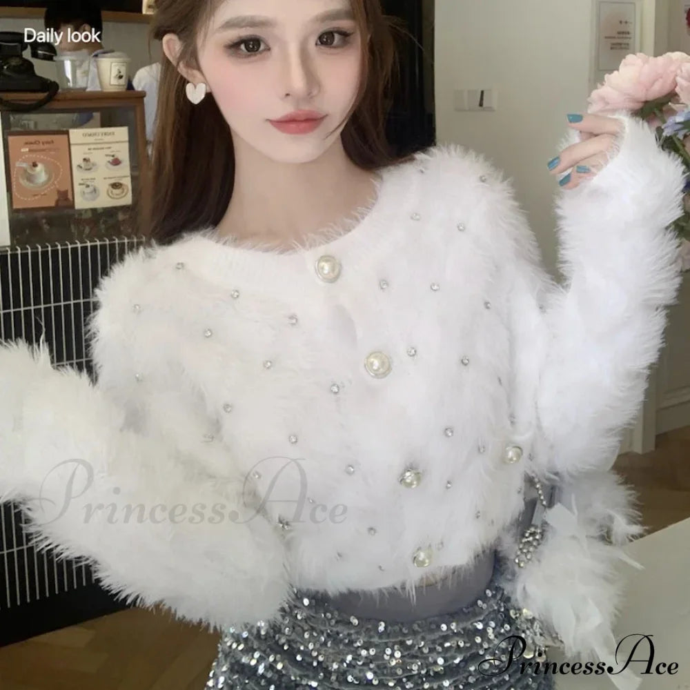 Diamond Pink Plush Knit Cardigan Cardigan-241208