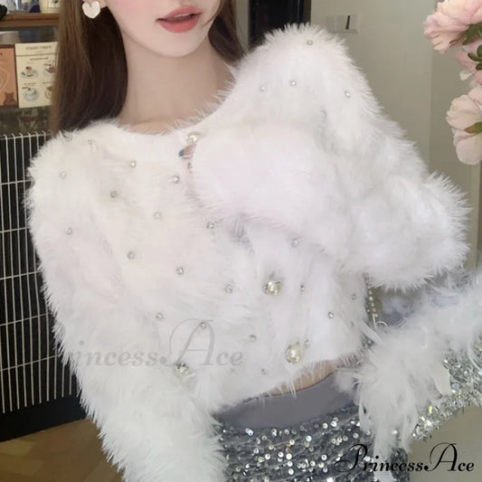 Diamond Pink Plush Knit Cardigan Cardigan-241208