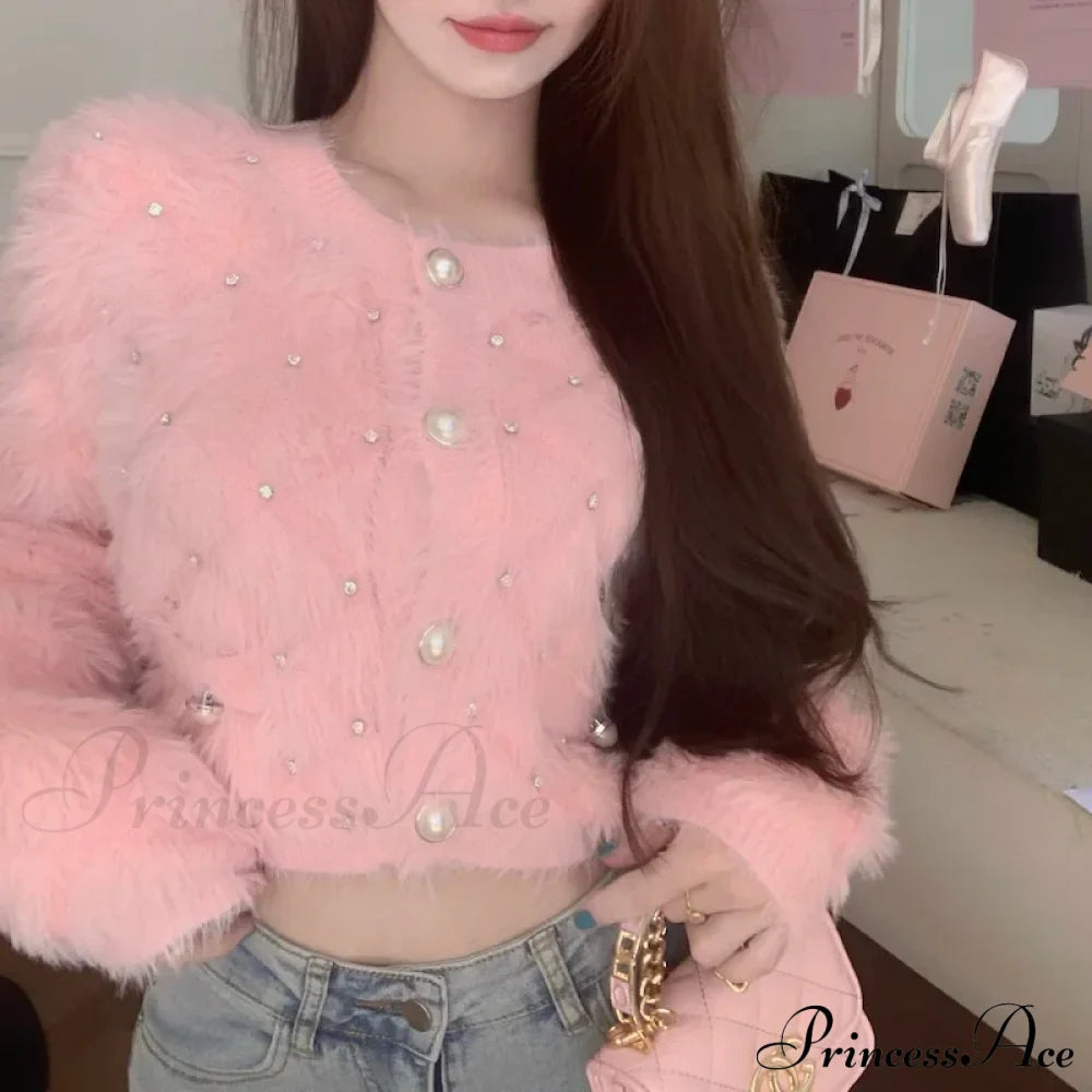 Diamond Pink Plush Knit Cardigan Cardigan-241208