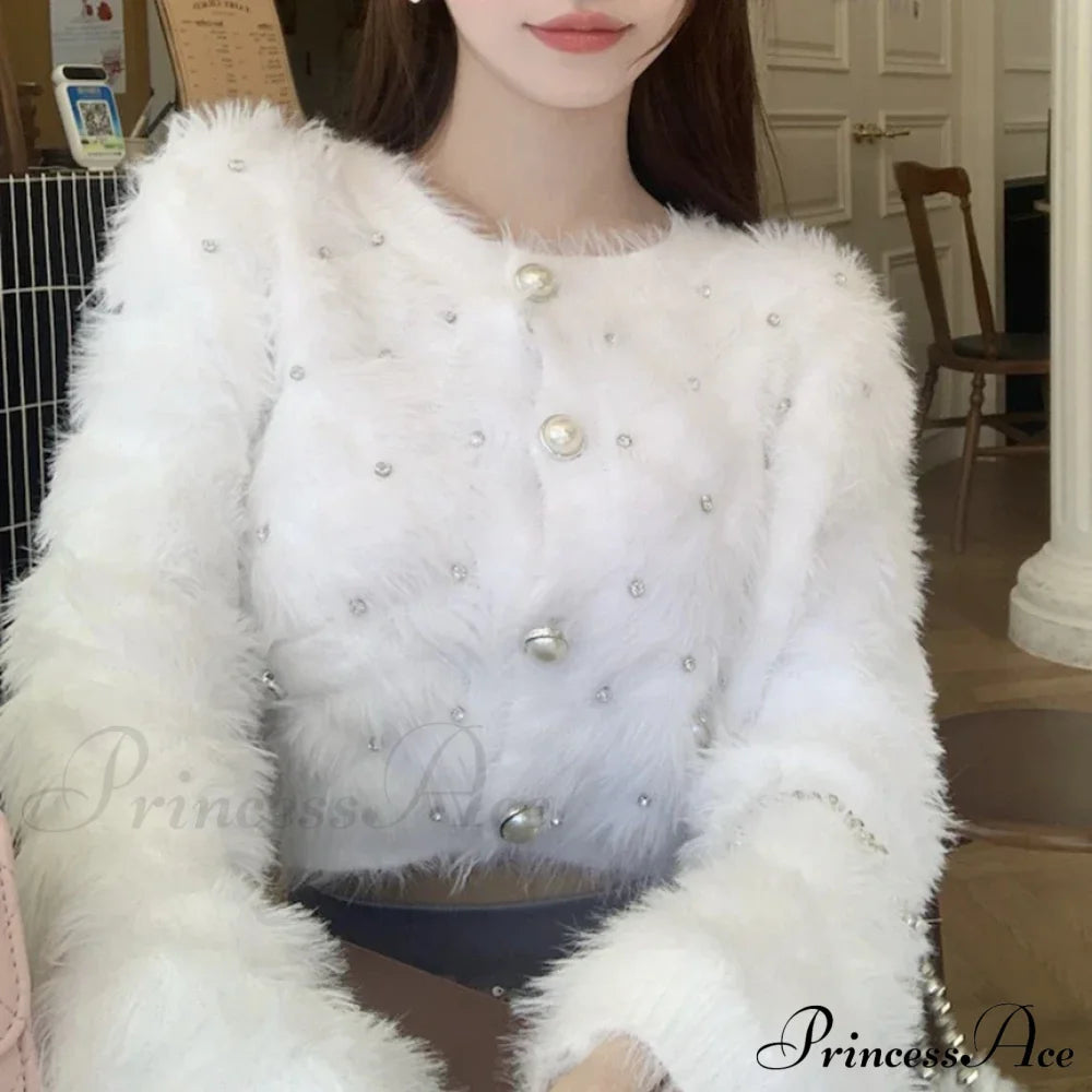 Diamond Pink Plush Knit Cardigan White / One Size Cardigan-241208