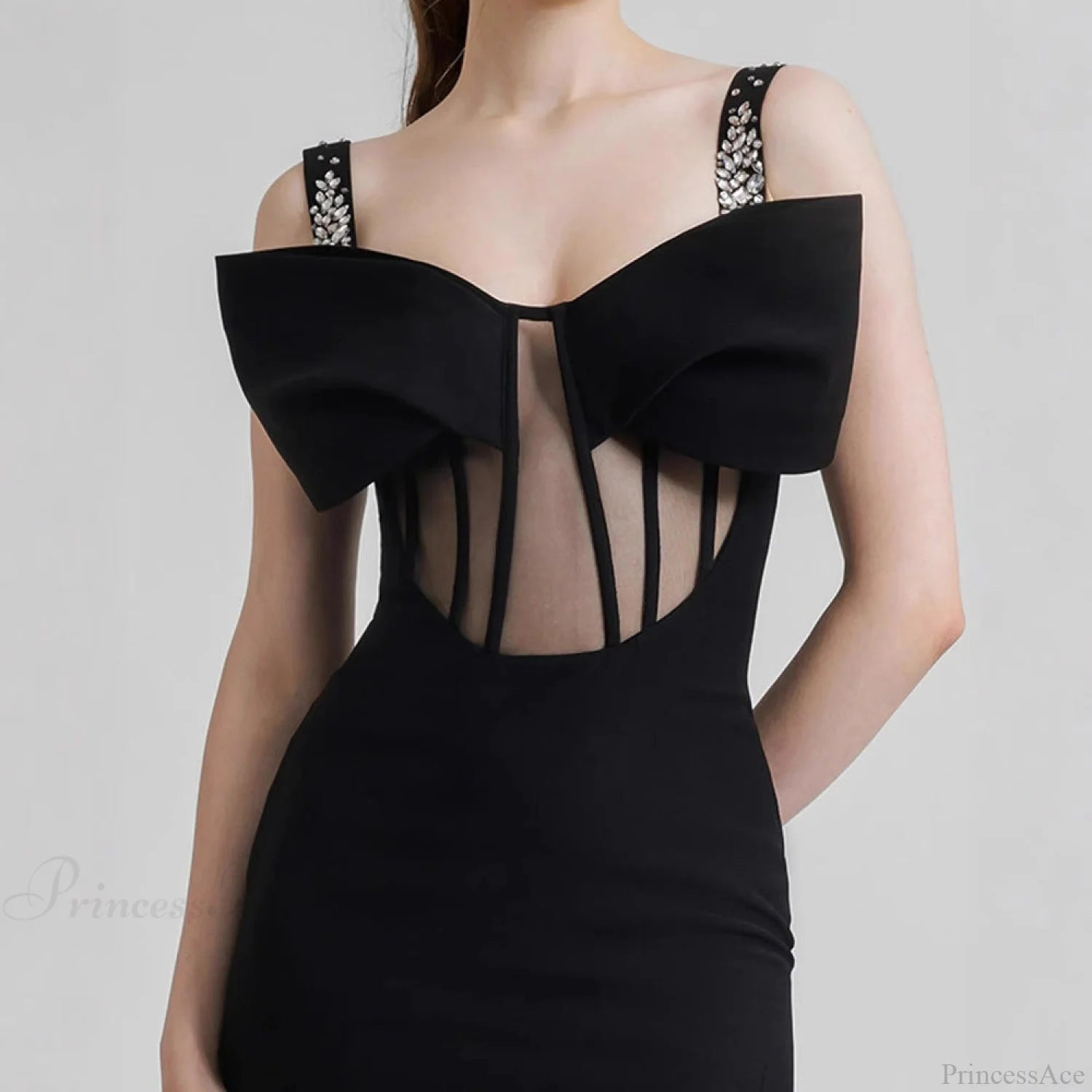 Diamond Strap Bow Slit Elegant Prom Dress promdress-250223