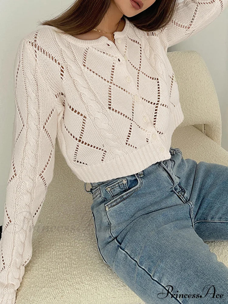 Diamonds Eyelet Button Trendy Up Knit Top Sweaters-L