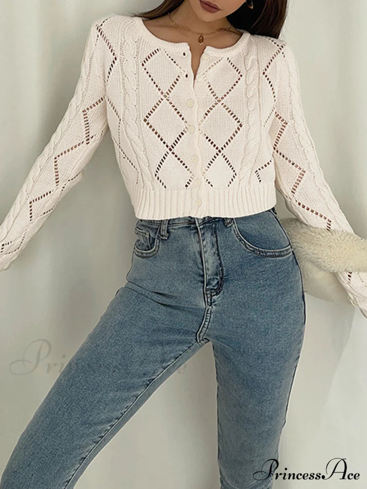 Diamonds Eyelet Button Trendy Up Knit Top Sweaters-L