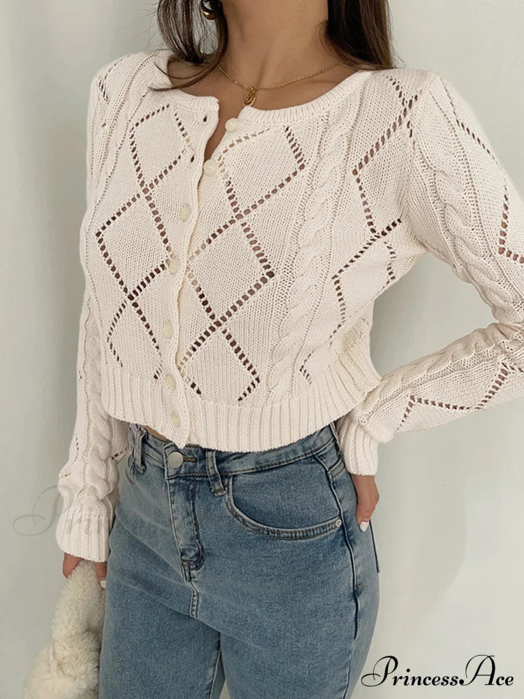 Diamonds Eyelet Button Trendy Up Knit Top Sweaters-L