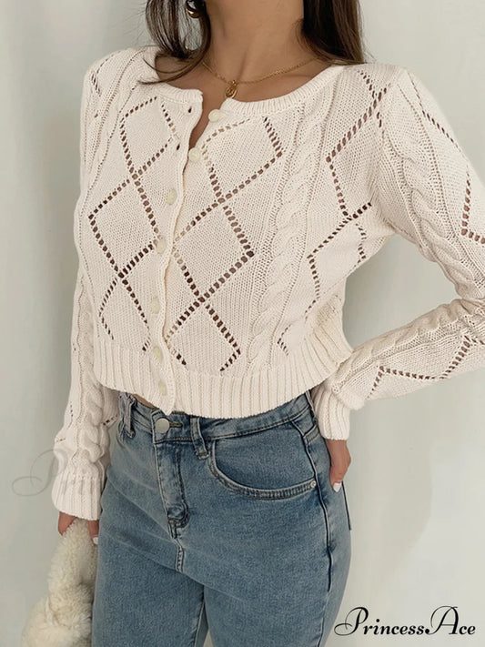 Diamonds Eyelet Button Trendy Up Knit Top Sweaters-L