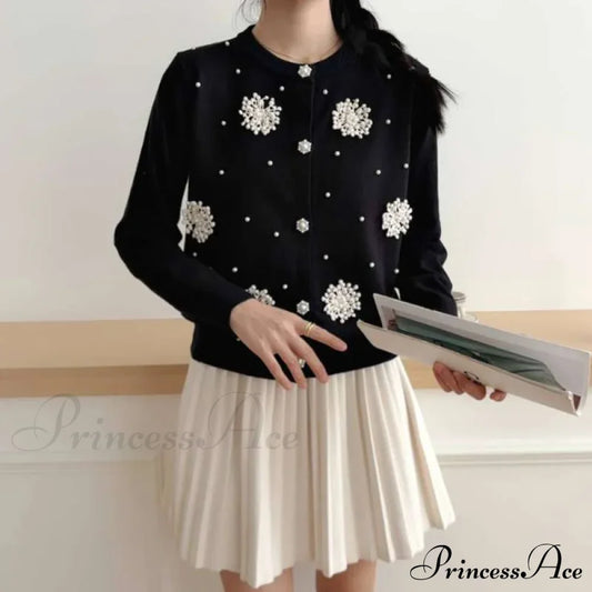 Diamonds Pearl Floral Slim O-Neck Cardigan Black / S Cardigan-241208