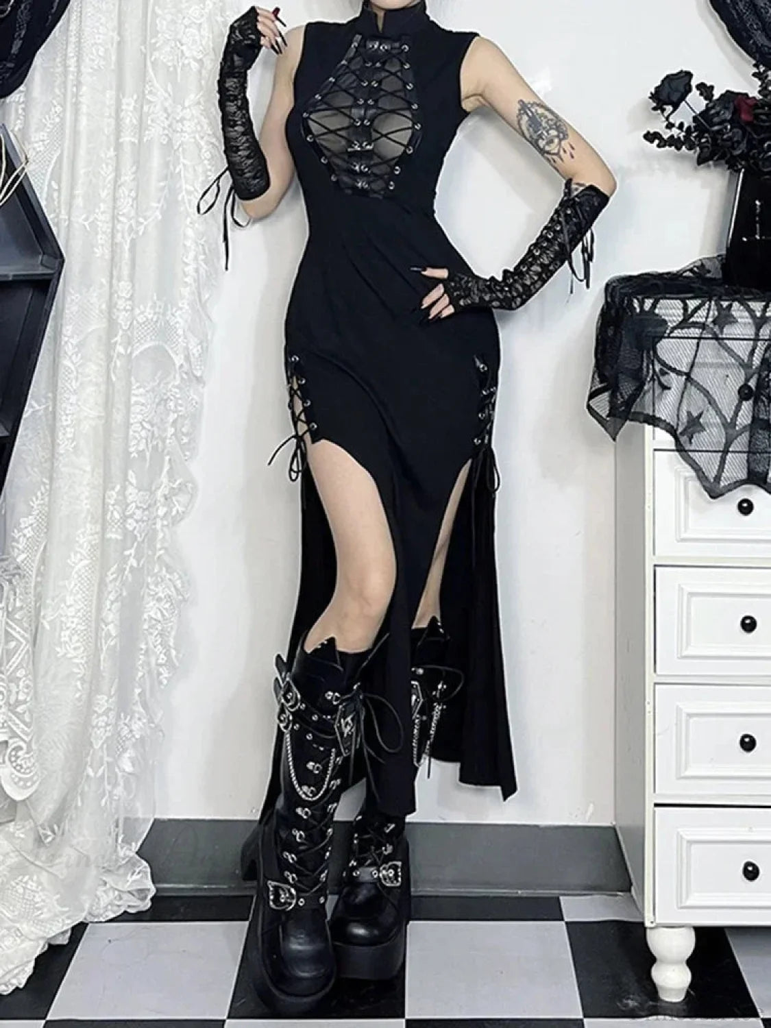 Digital Punk Net Bandage Midi Dress Black / S