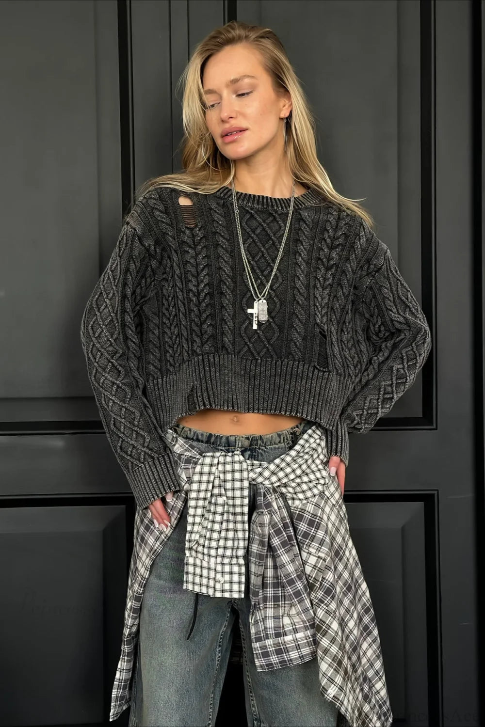 Distressed Crew Neck Cropped Crop Top Knit Sweater Grey / S