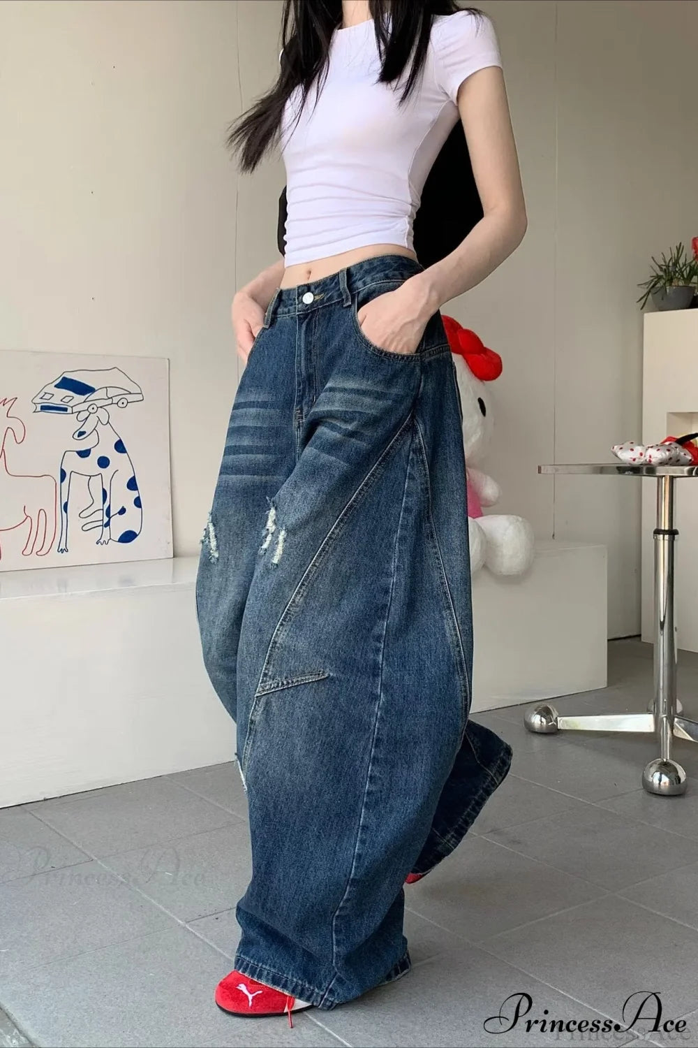 Distressed Curved Loose Wide Leg Casual Utility Jeans
