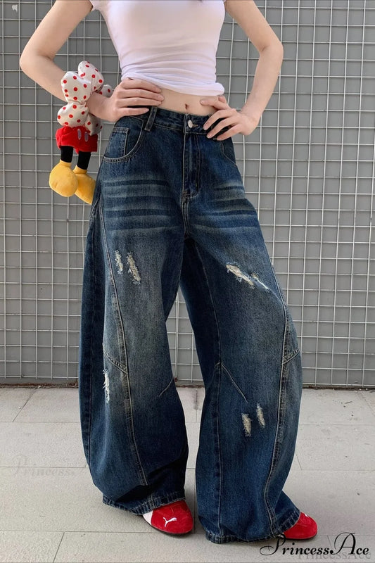 Distressed Curved Loose Wide Leg Casual Utility Jeans