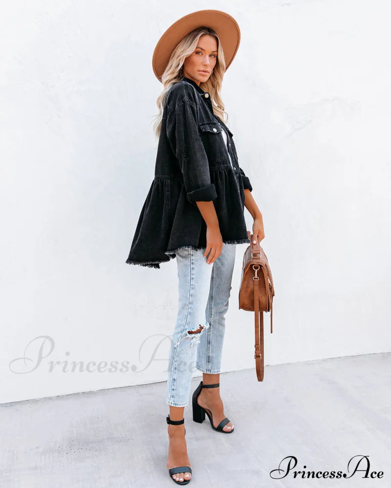 Distressed Denim Button Down Shirt Jacket Coats-L